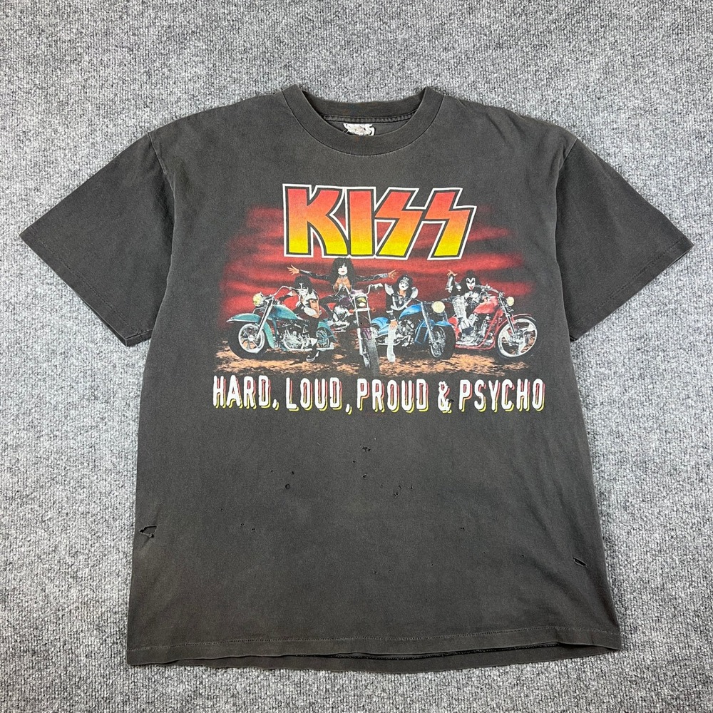 Vintage Kiss Shirt Mens L Black Faded Hard Loud Proud Band Single Stitch USA 90s